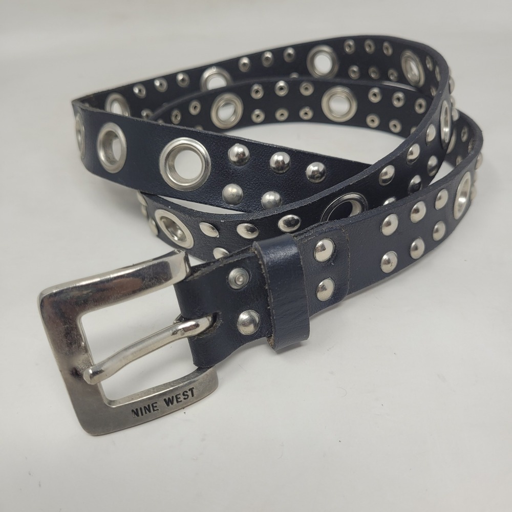 Nine West Belt Large Black Leather Studded Grommet Punk Rock Moto Brass Buckle